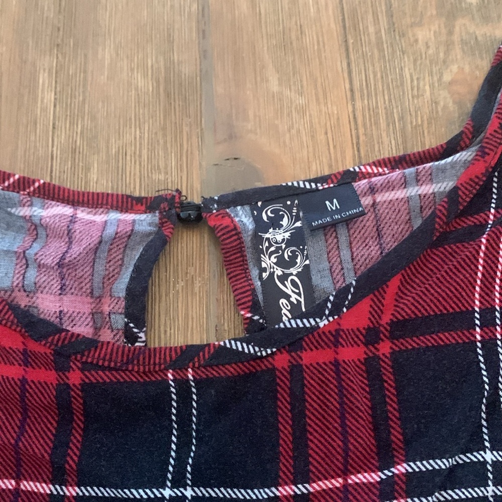 Red & Black Plaid A-Line Grunge Dress Keyhole Back 3/4 Sleeve Baby Doll - Picture 3 of 7